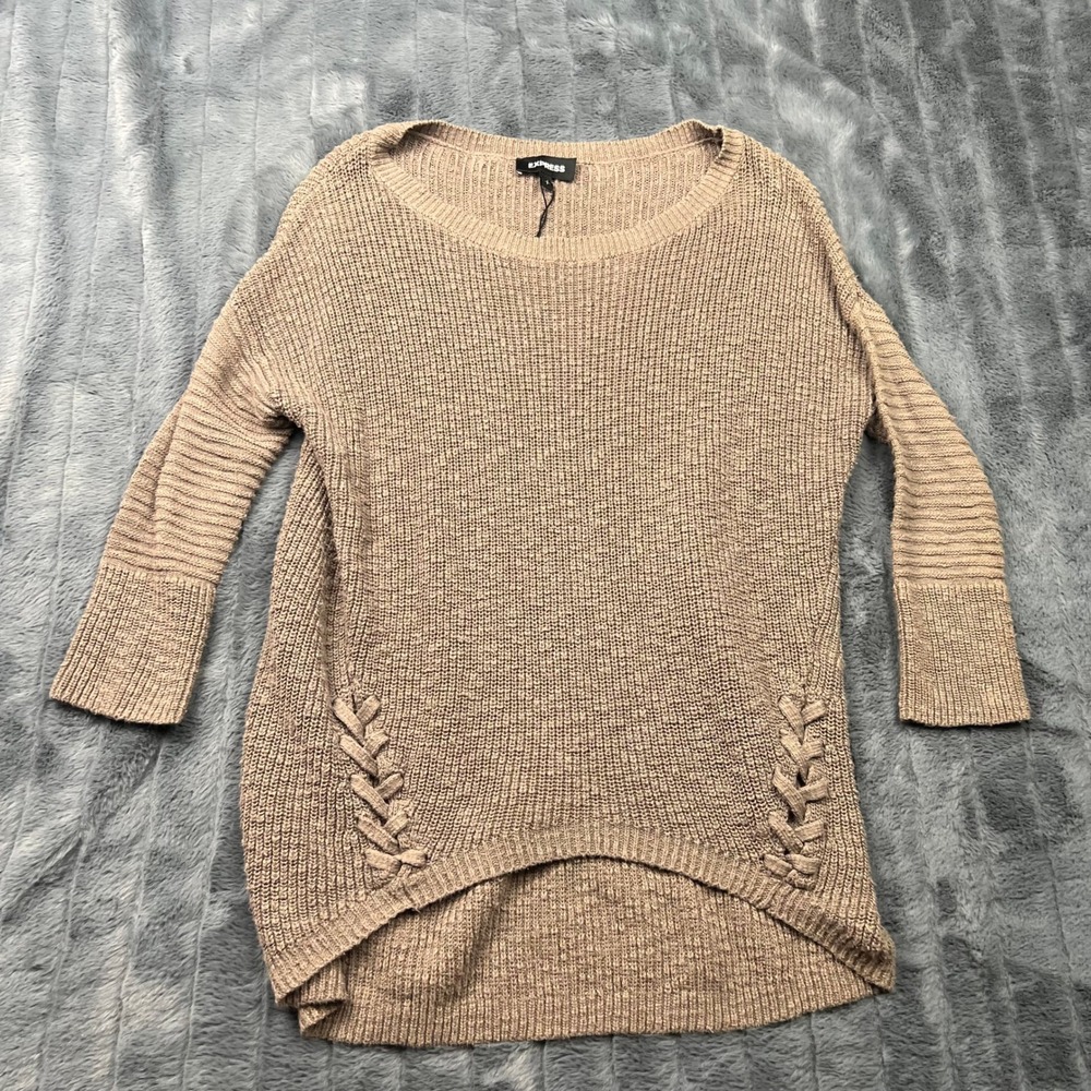 Express Womens Brown Cotton Knit Lace Up Side High Low Sweater Size S 12299